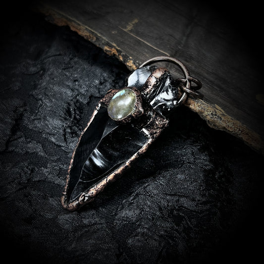 Hand-Hammered Obsidian Arrow Pendant | Copper-Plated Elongated Stone Necklace