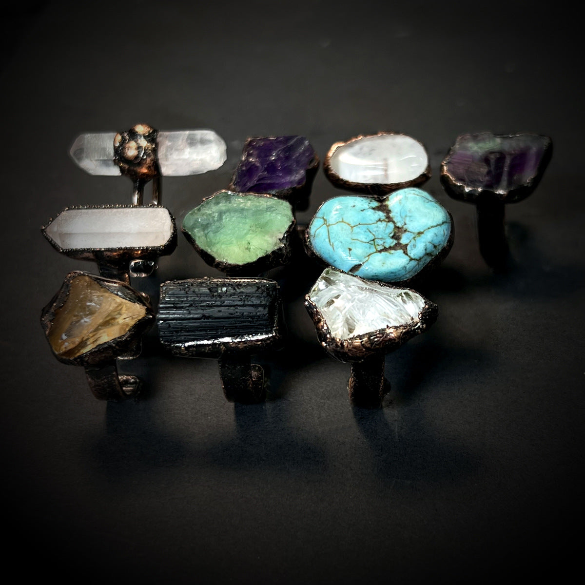 Bohemian Forest Style Raw Stone Ring | Adjustable Copper Open Band | Multiple Stone Options