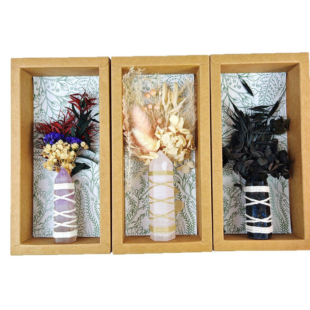 Handmade Crystal Raw Stone Mini Bouquet Gift Box | Dried Flower · Natural Stone · Custom