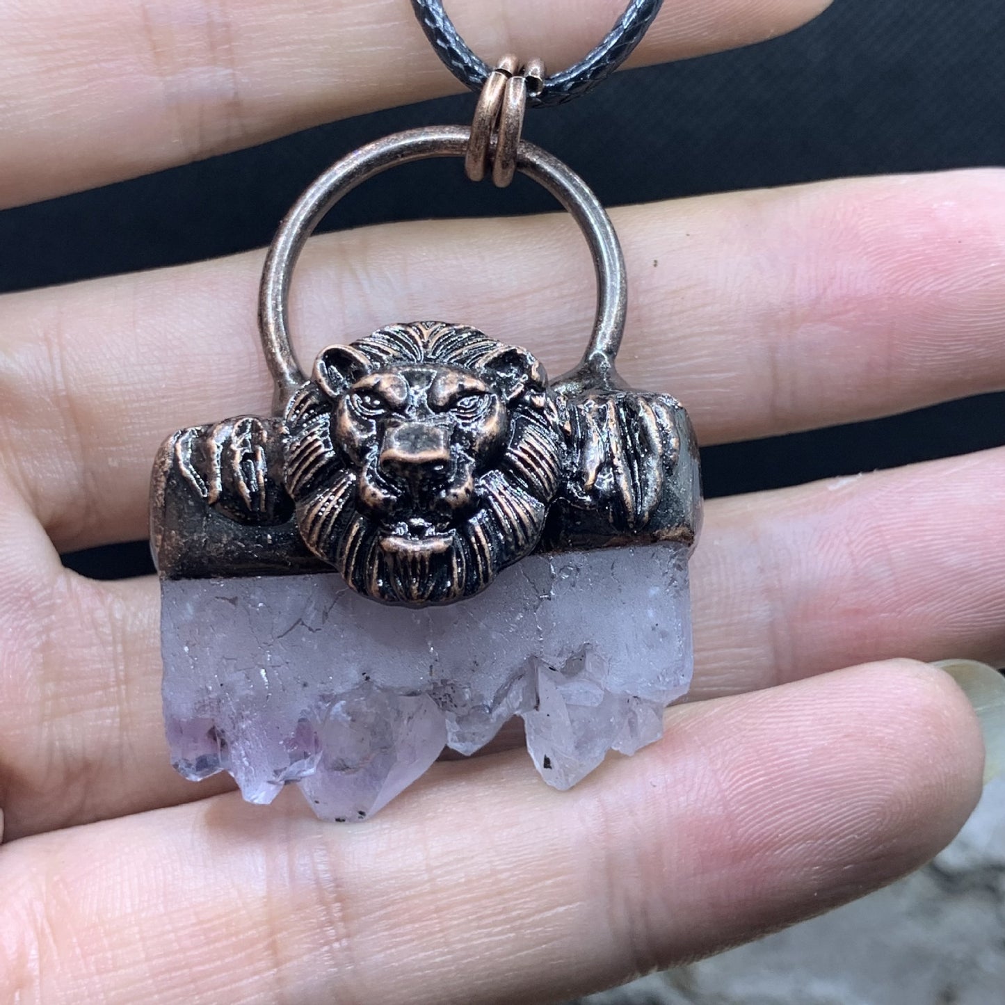 Natural amethyst crystal bud bronze inlaid pendant