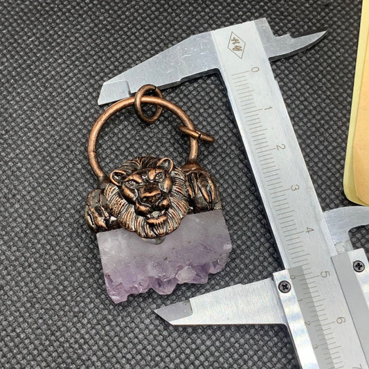 Natural amethyst crystal bud bronze inlaid pendant