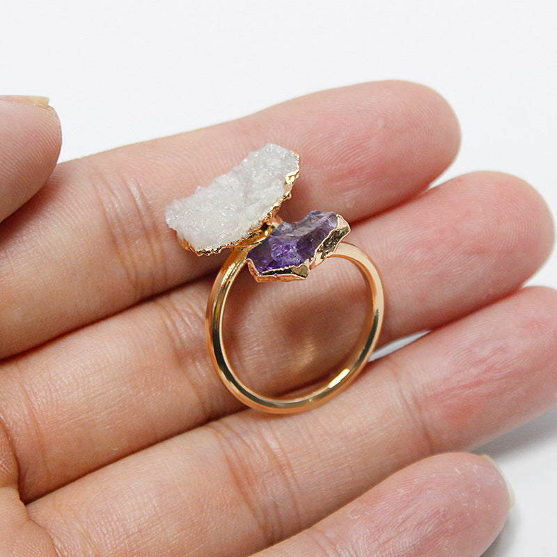 Raw Crystal Cluster Open Ring | White Quartz & Black Tourmaline | Gold-Plated