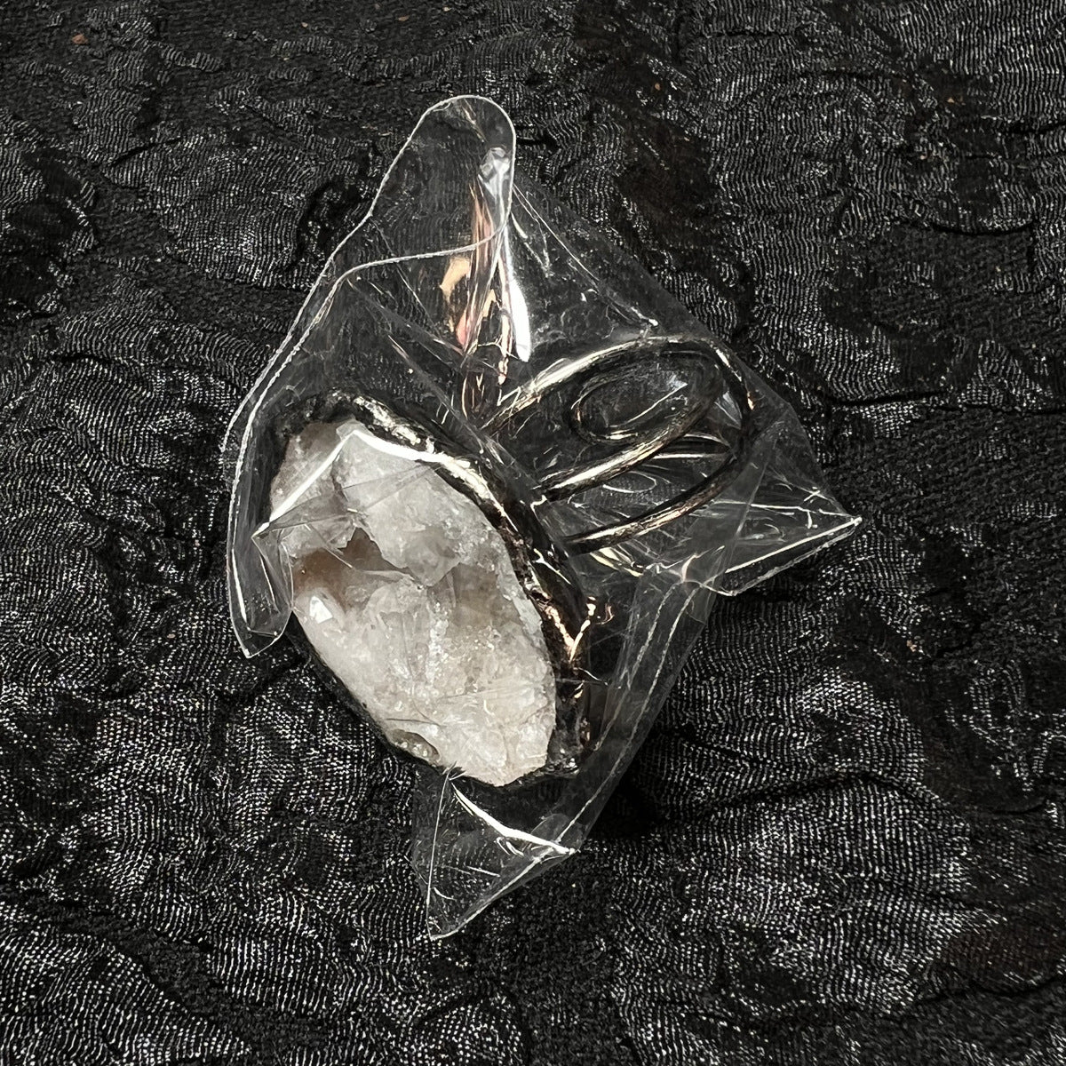 White Crystal & Agate Adjustable Ring — Handcrafted Boho Silver