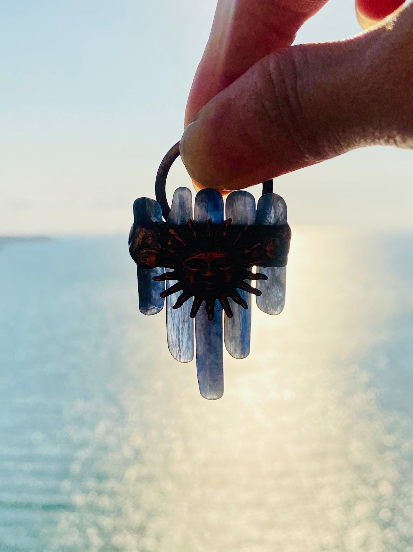 Bohemian Forest Style Raw Blue Kyanite Sun Necklace Pendant | Antique Copper | Handmade