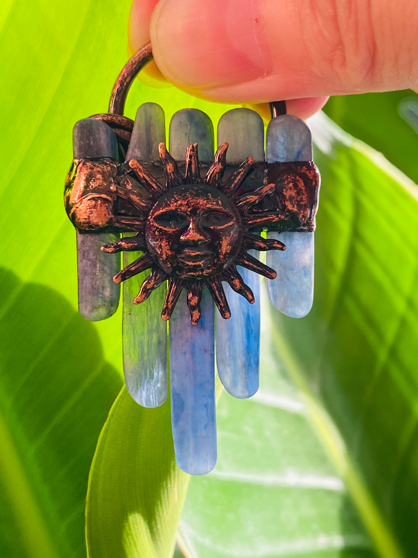 Bohemian Forest Style Raw Blue Kyanite Sun Necklace Pendant | Antique Copper | Handmade