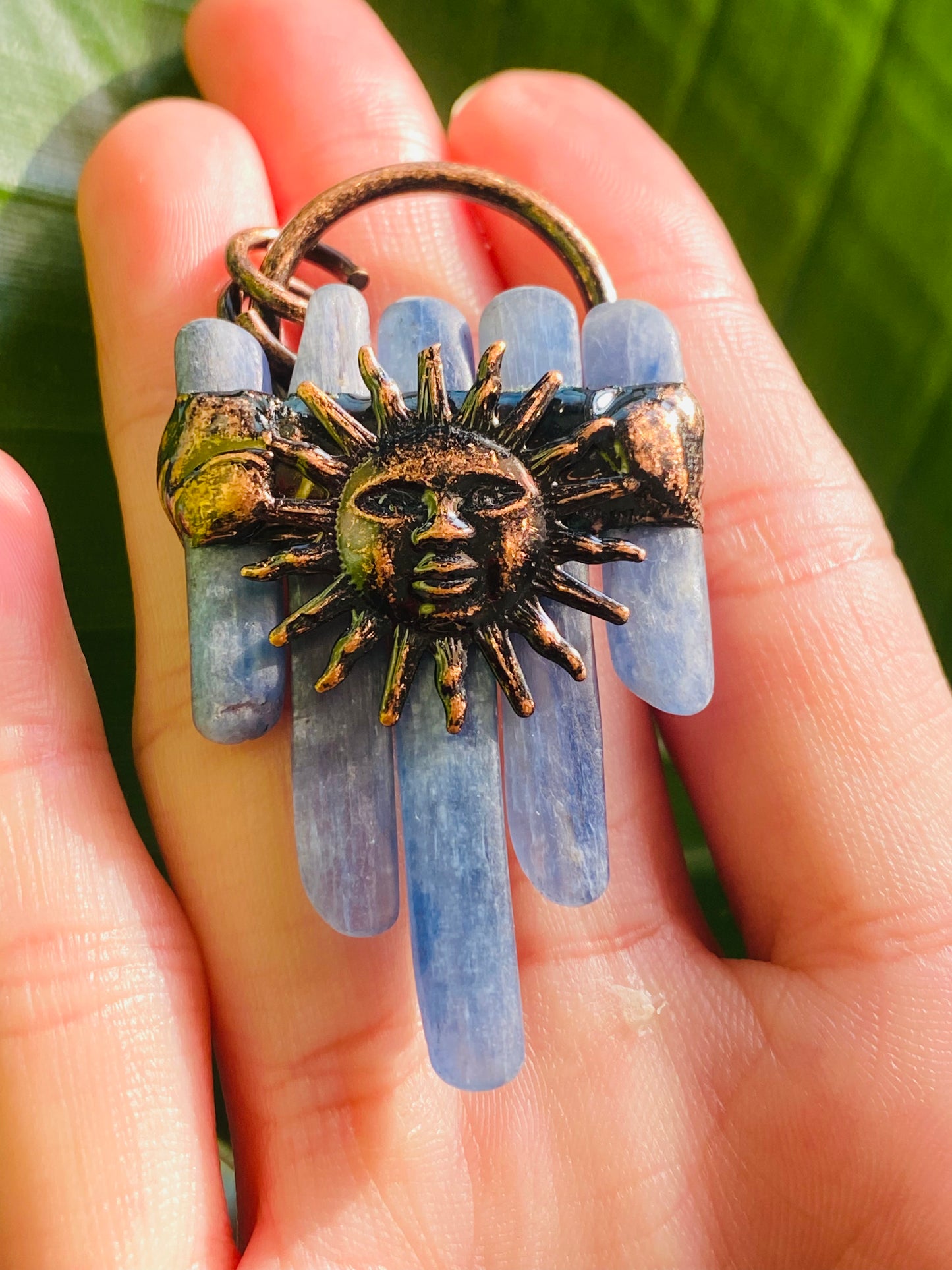 Bohemian Forest Style Raw Blue Kyanite Sun Necklace Pendant | Antique Copper | Handmade