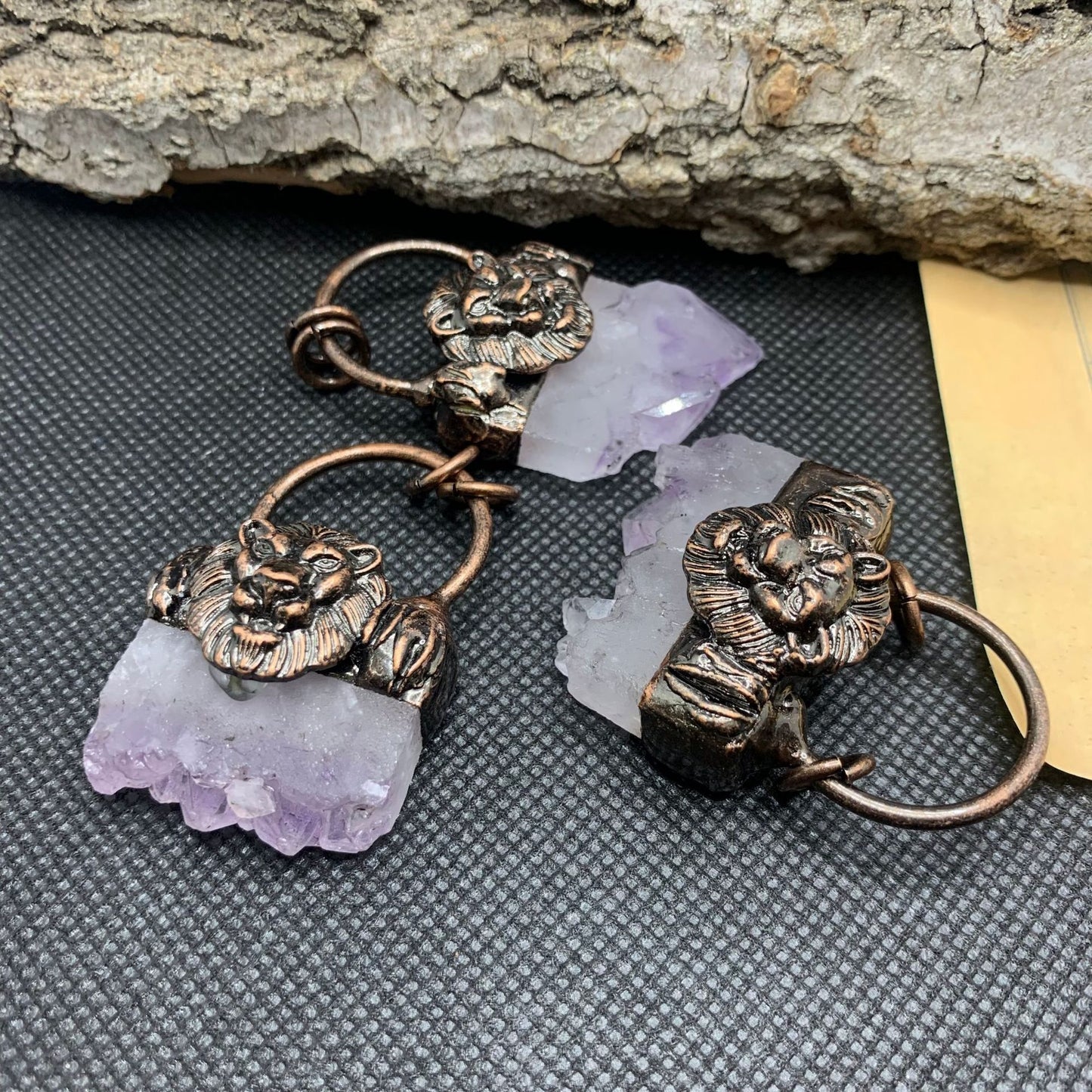Natural amethyst crystal bud bronze inlaid pendant