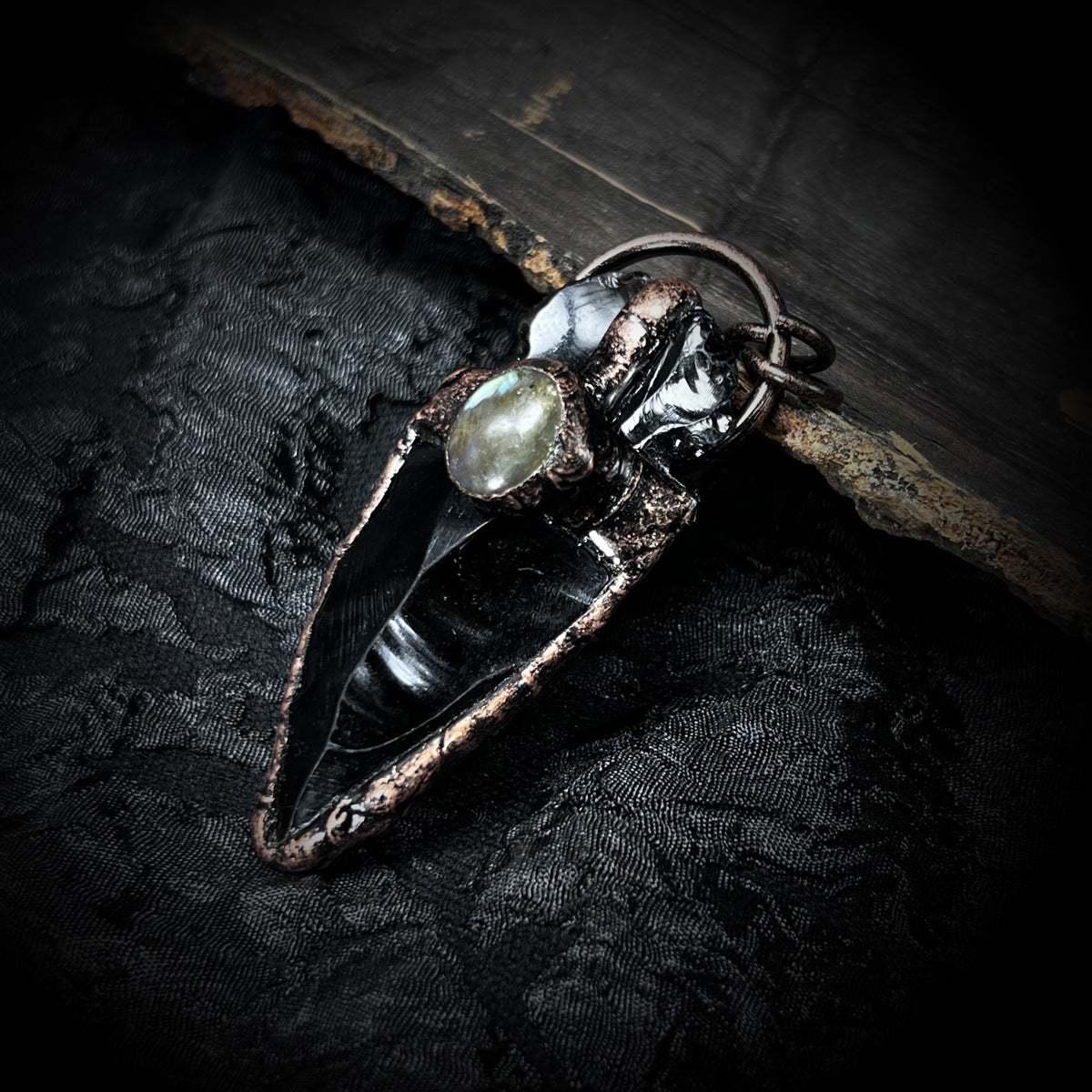 Hand-Hammered Obsidian Arrow Pendant | Copper-Plated Elongated Stone Necklace