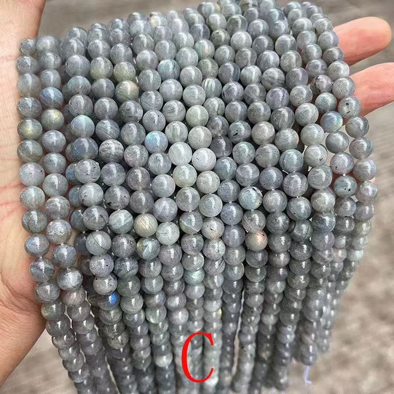 7A Natural Elongated Stone Gray Moonlight Round Bead Bracelet