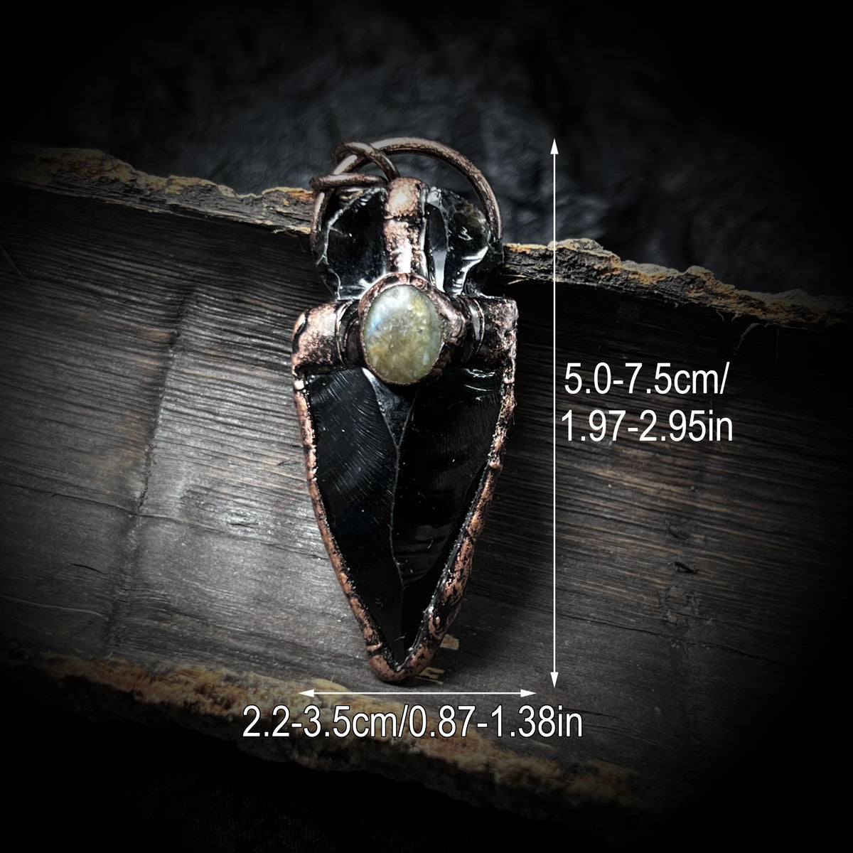 Hand-Hammered Obsidian Arrow Pendant | Copper-Plated Elongated Stone Necklace