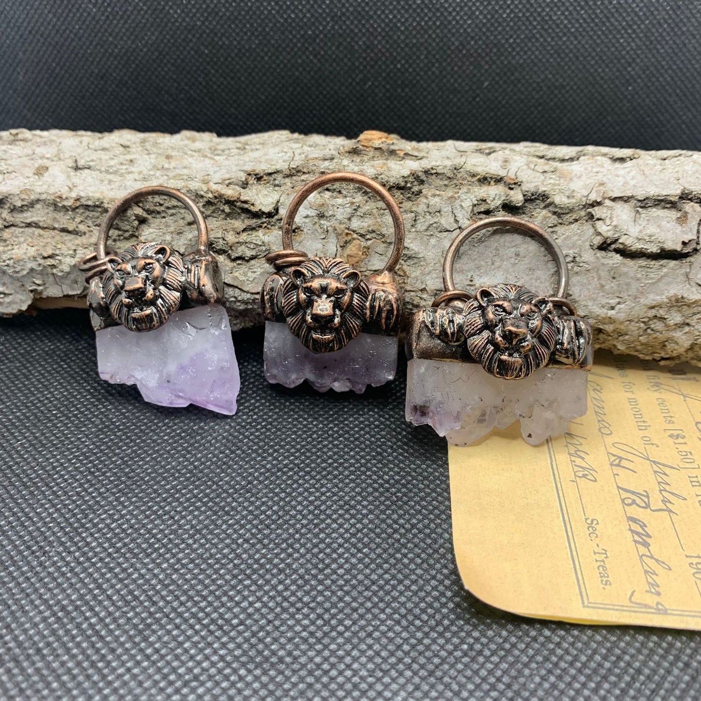 Natural amethyst crystal bud bronze inlaid pendant