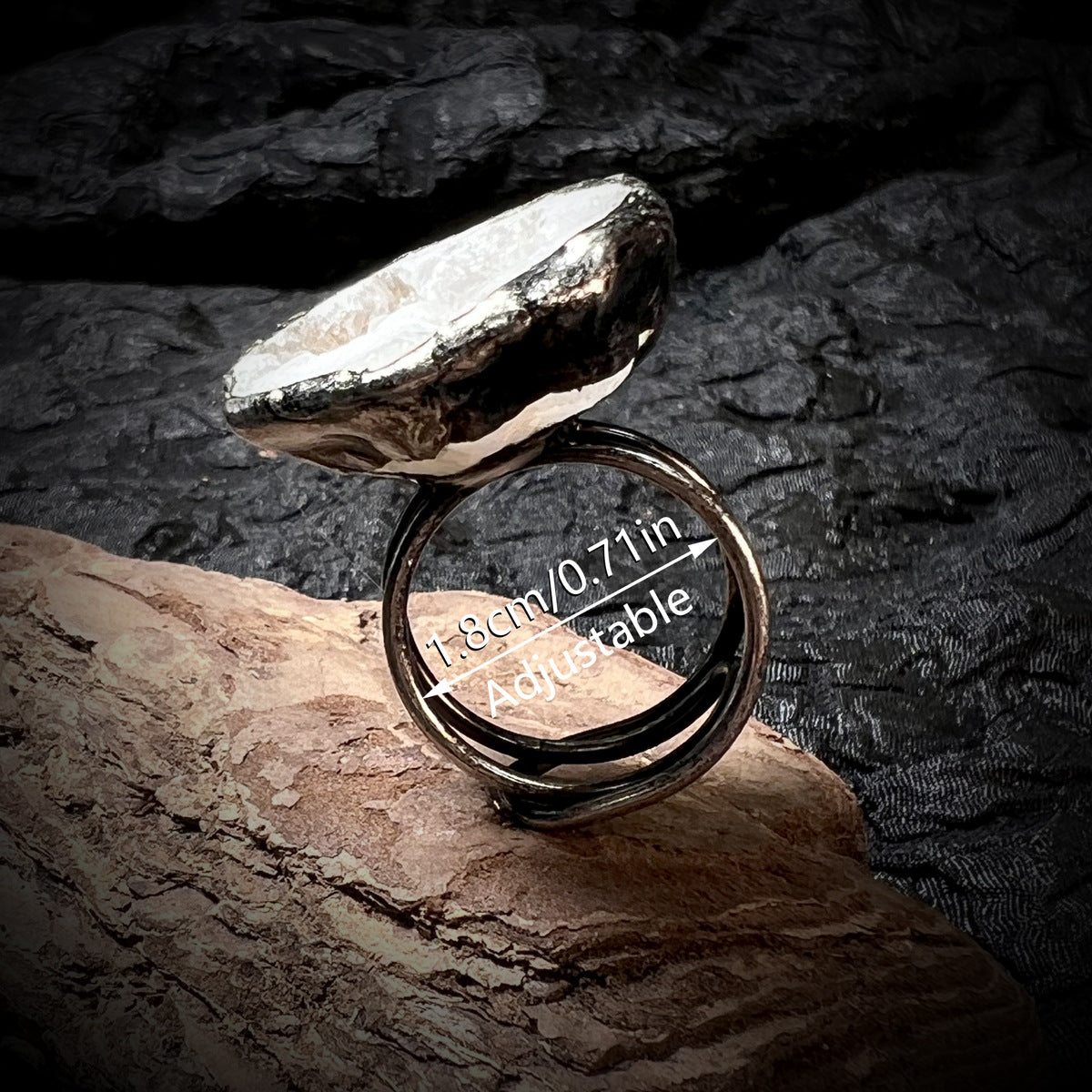 White Crystal & Agate Adjustable Ring — Handcrafted Boho Silver