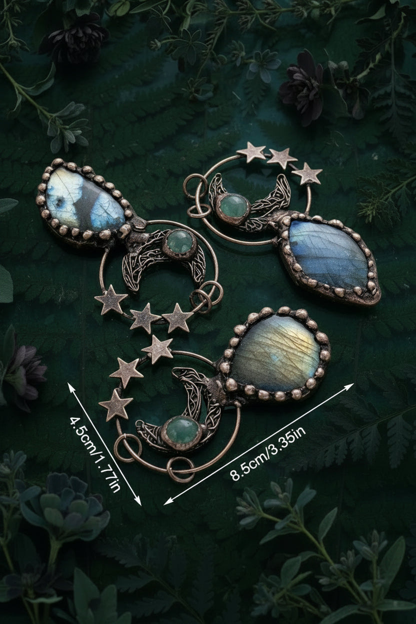 Bohemian Forest Style Celestial Moon & Star Raw Stone Pendant | Antique Bronze | Handmade