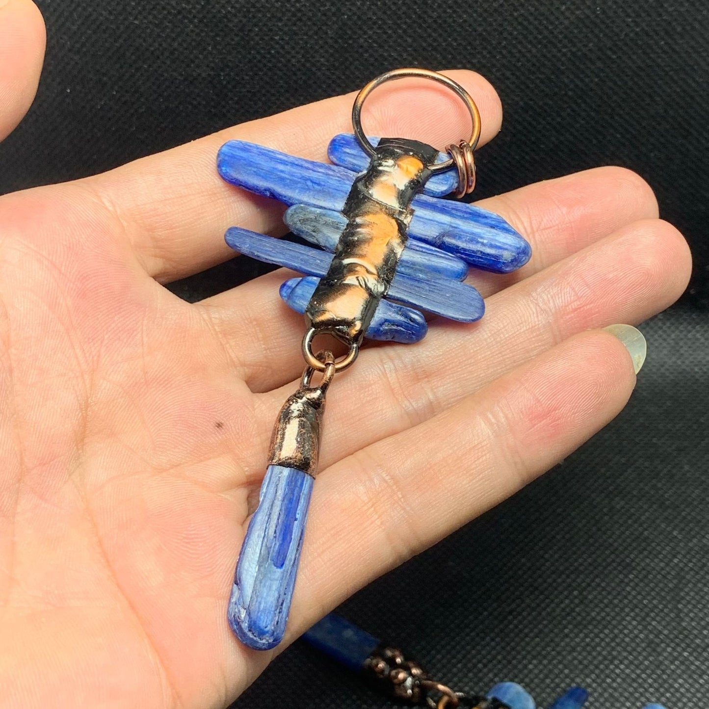 Blue Kyanite Raw Stone Pendant Set | Bohemian Bronze Statement Jewelry