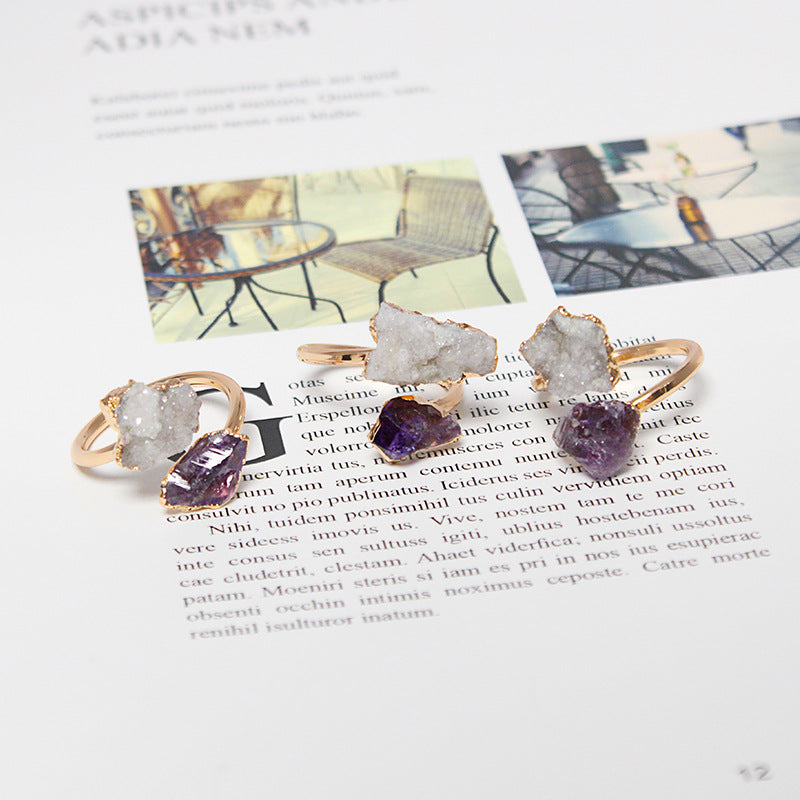 Irregular natural stone tourmaline crystal cluster amethyst ring