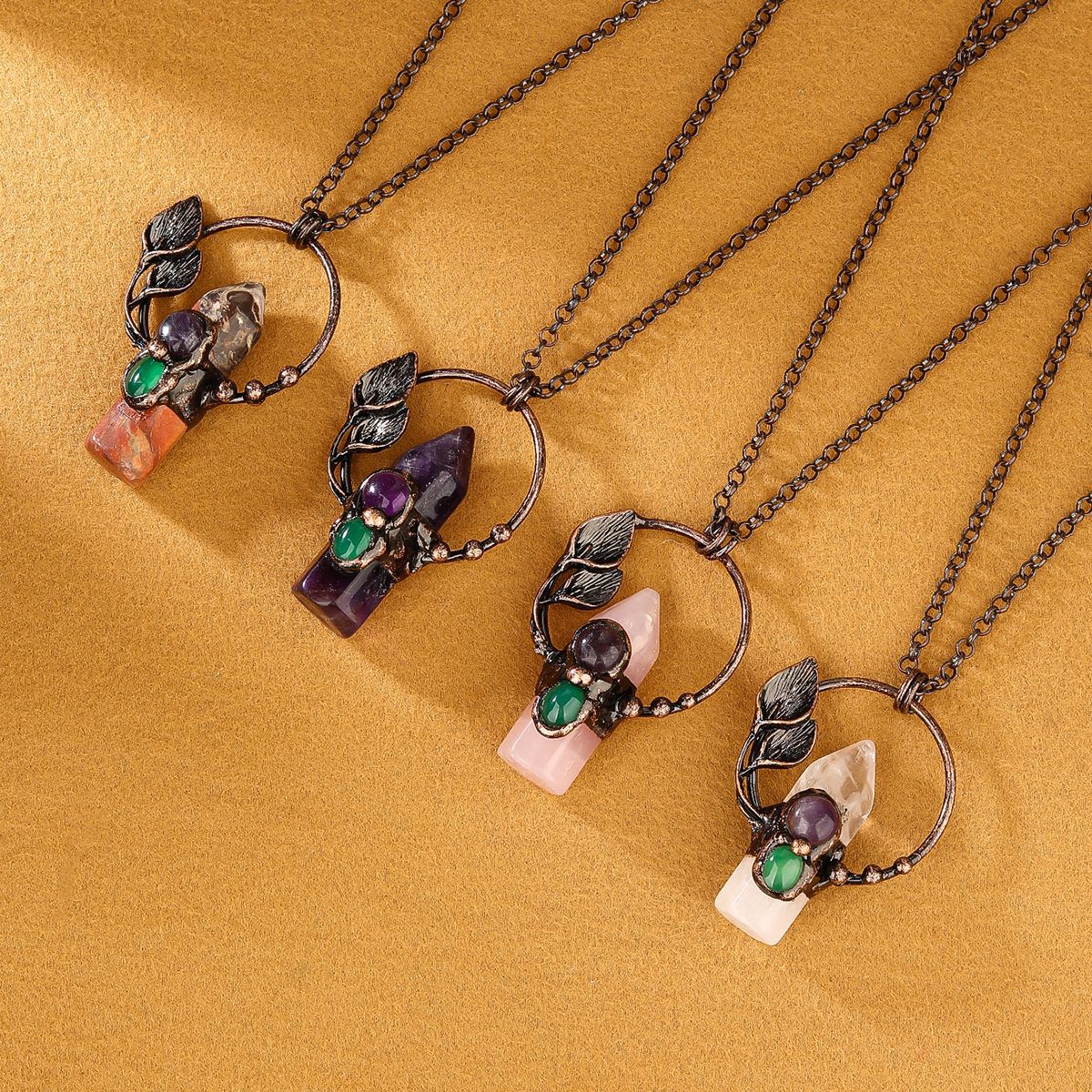 Bohemian Forest Style Hexagonal Column Stone Pendant Necklace | Antique Silver Setting | Multiple Stone Options