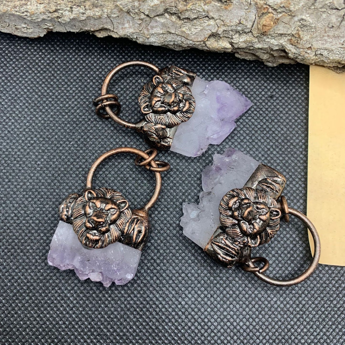 Natural amethyst crystal bud bronze inlaid pendant
