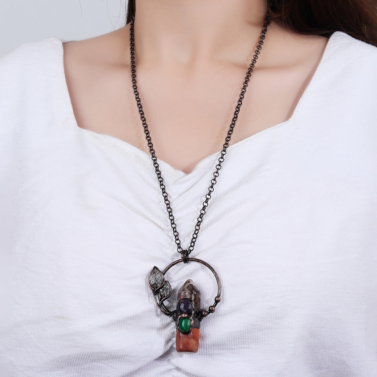 Bohemian Forest Style Hexagonal Column Stone Pendant Necklace | Antique Silver Setting | Multiple Stone Options