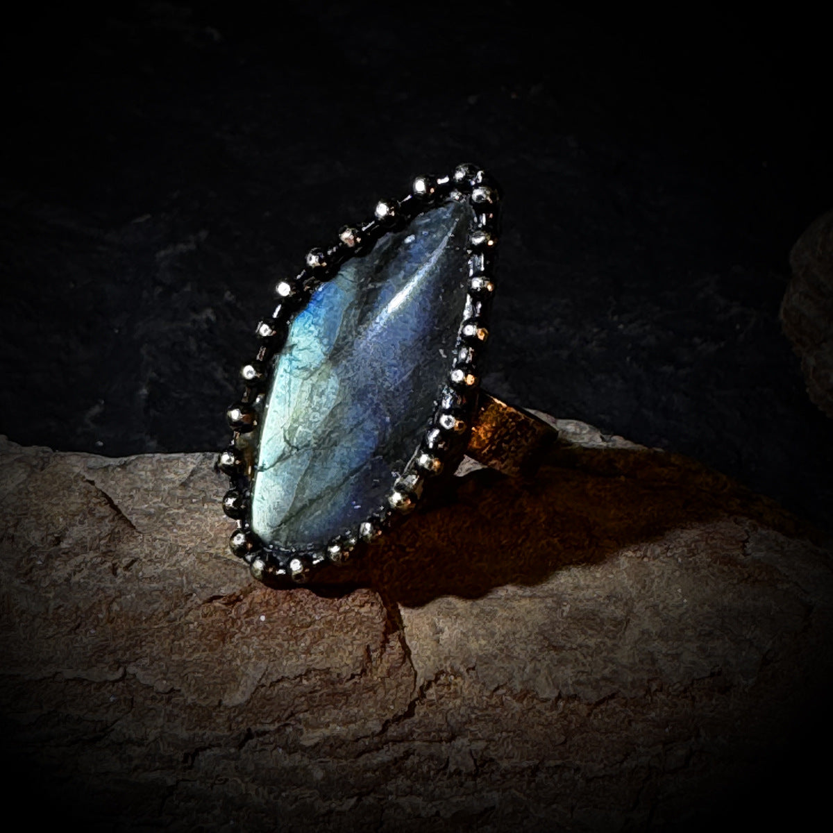 Labradorite Raw Stone Ring | Adjustable Bronze Boho Band