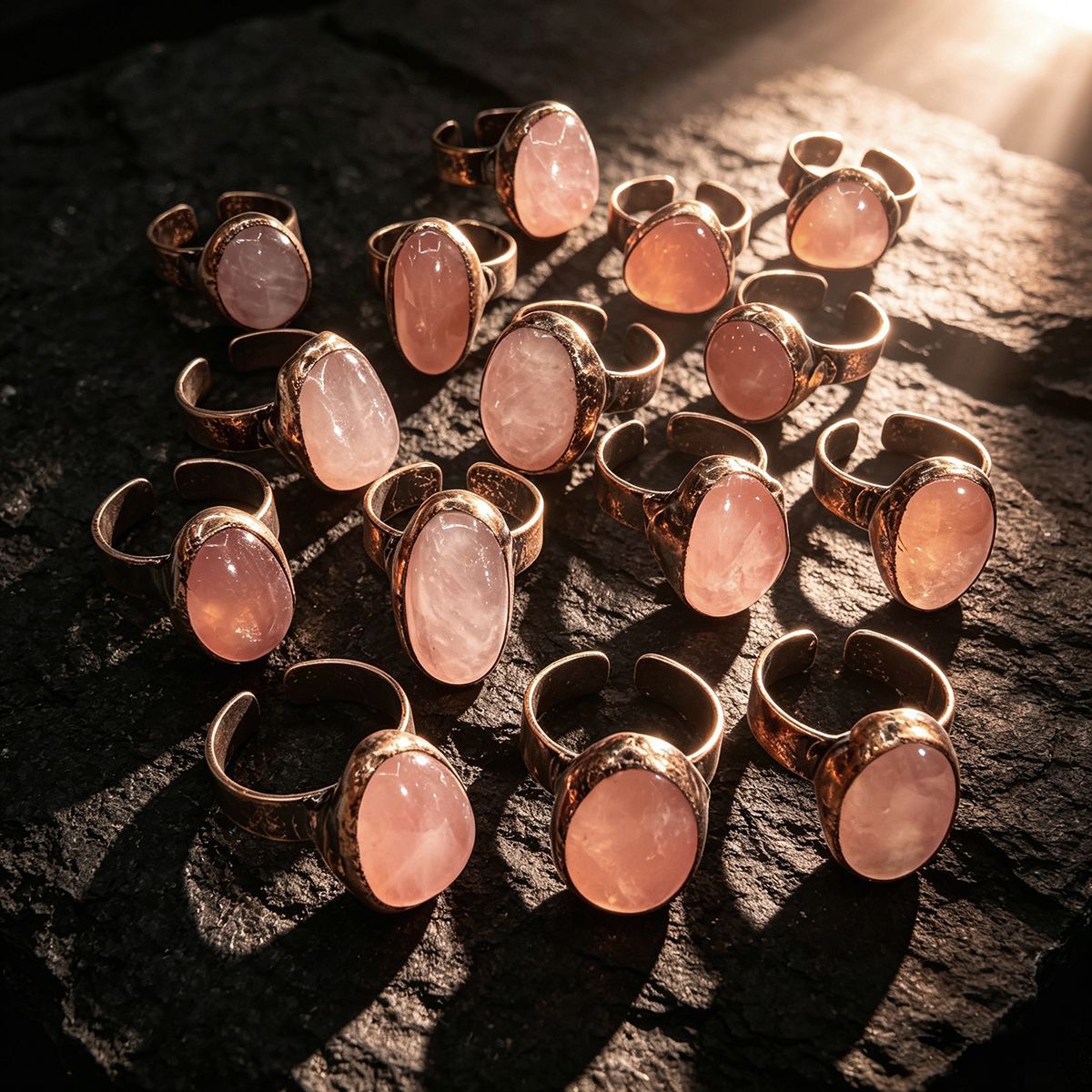 Retro style natural powder crystal rough stone polished amorphous opening bronze plating adjustable ring
