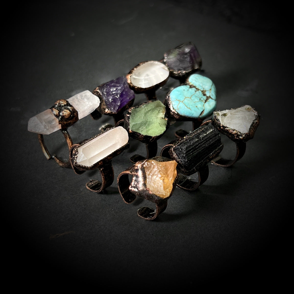 Bohemian Forest Style Raw Stone Ring | Adjustable Copper Open Band | Multiple Stone Options
