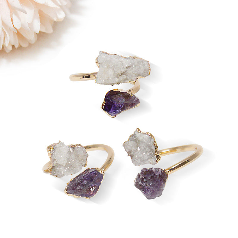 Irregular natural stone tourmaline crystal cluster amethyst ring