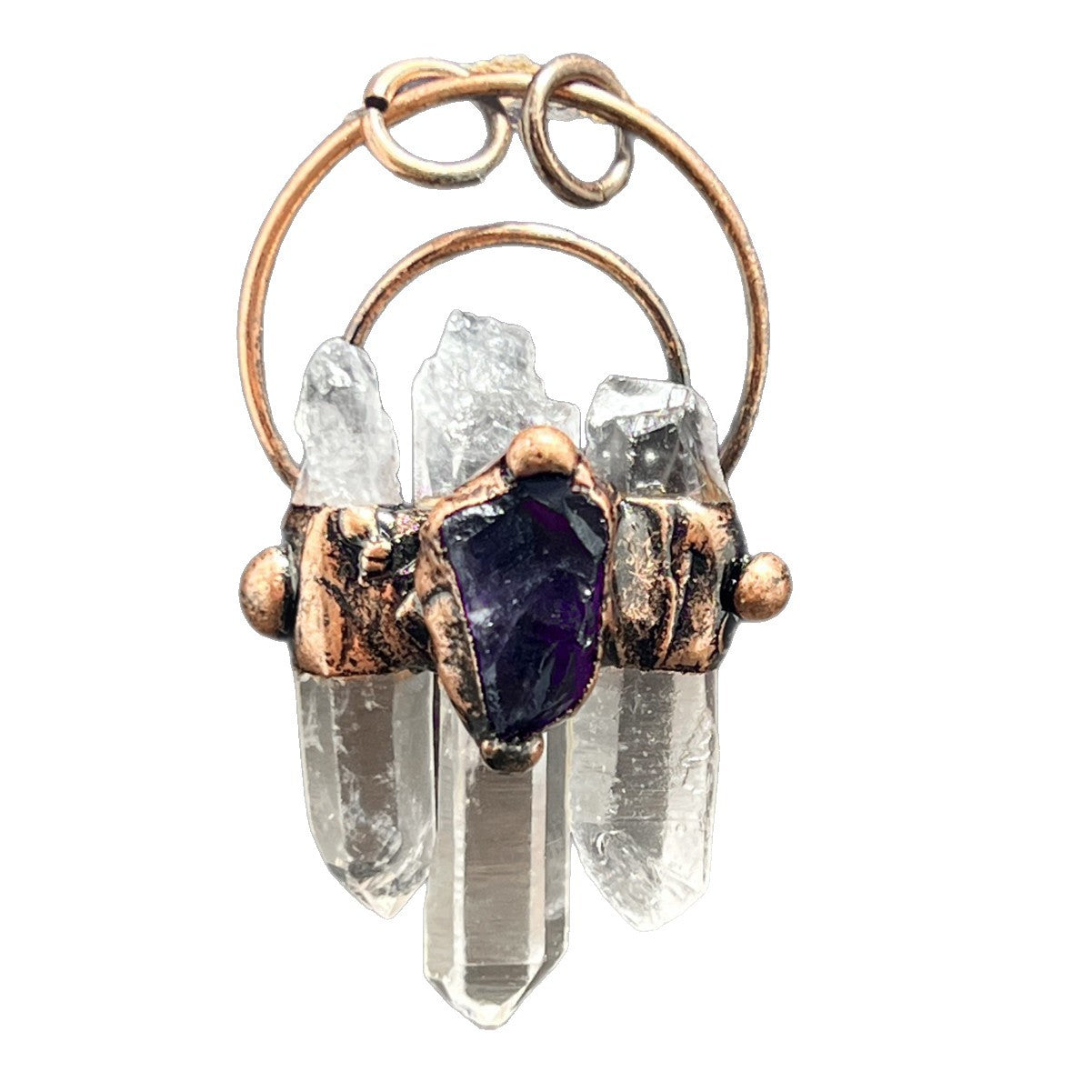 Three natural white crystal hexagonal column rough stone handmade hemming electroplated bronze pendant