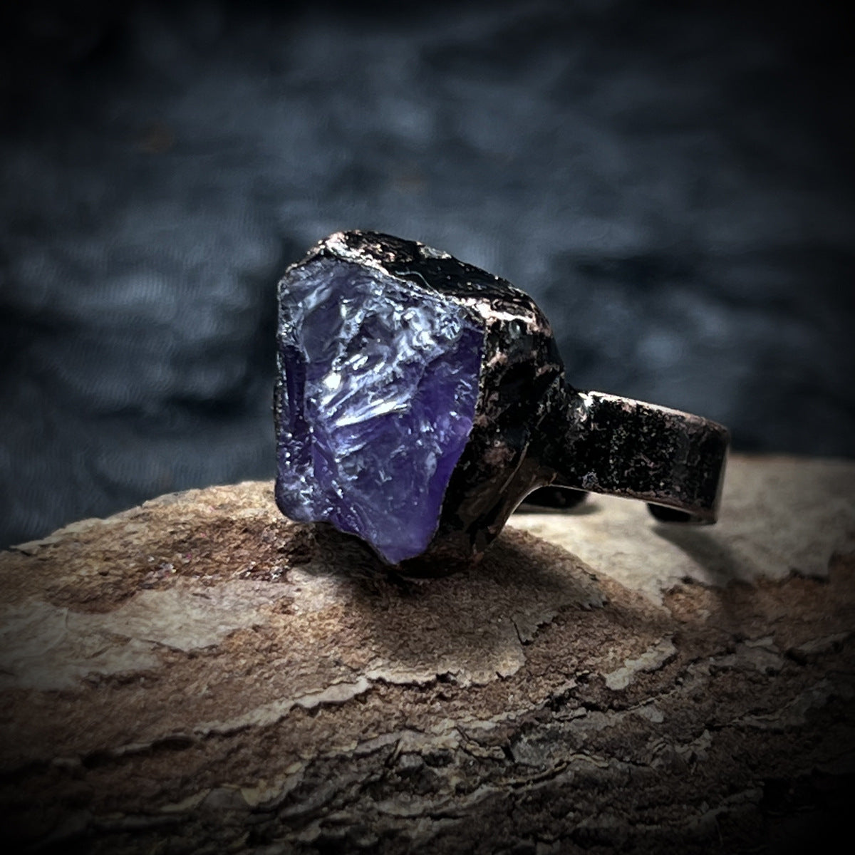 Bohemian Forest Style Raw Stone Ring | Adjustable Copper Open Band | Multiple Stone Options