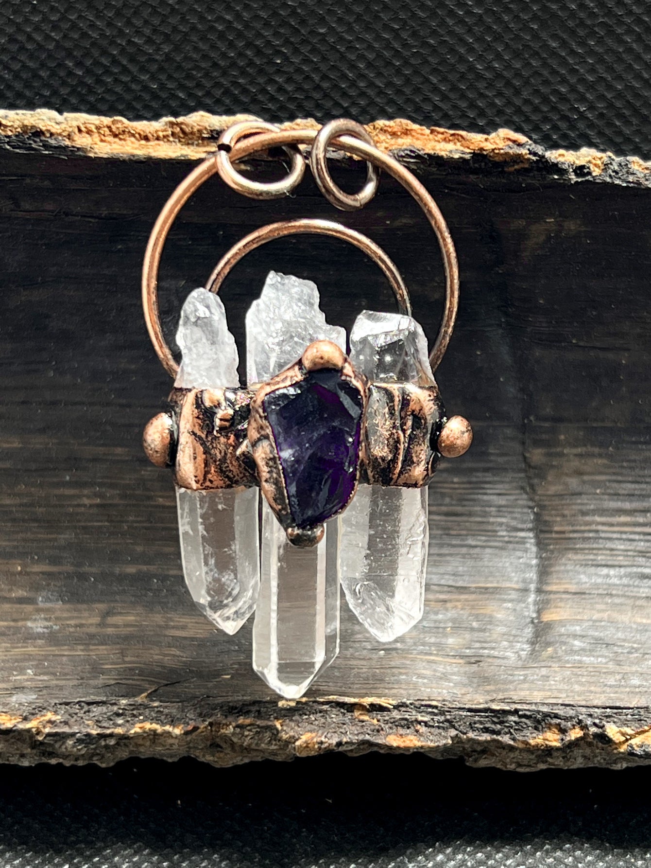 Three natural white crystal hexagonal column rough stone handmade hemming electroplated bronze pendant
