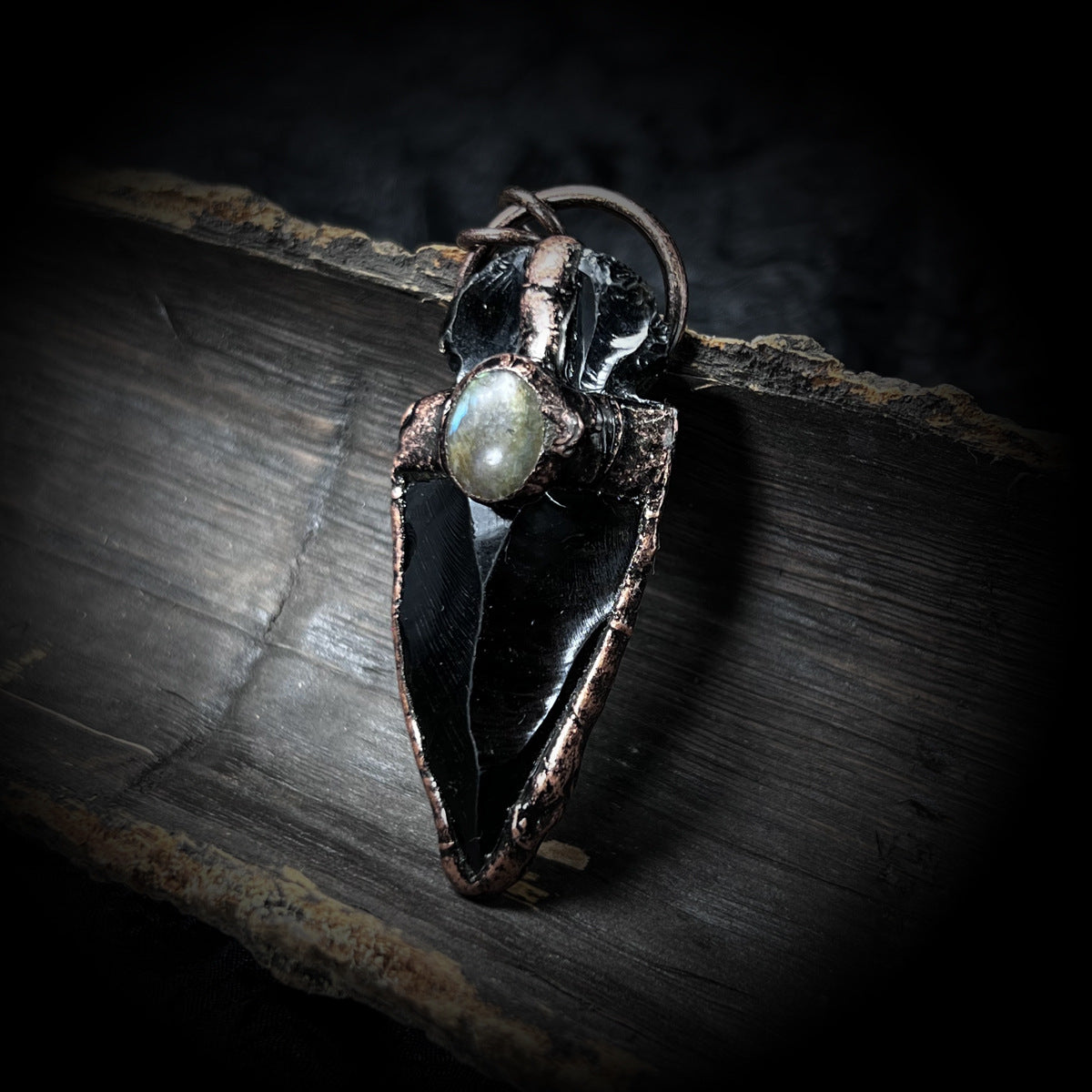 Hand-Hammered Obsidian Arrow Pendant | Copper-Plated Elongated Stone Necklace