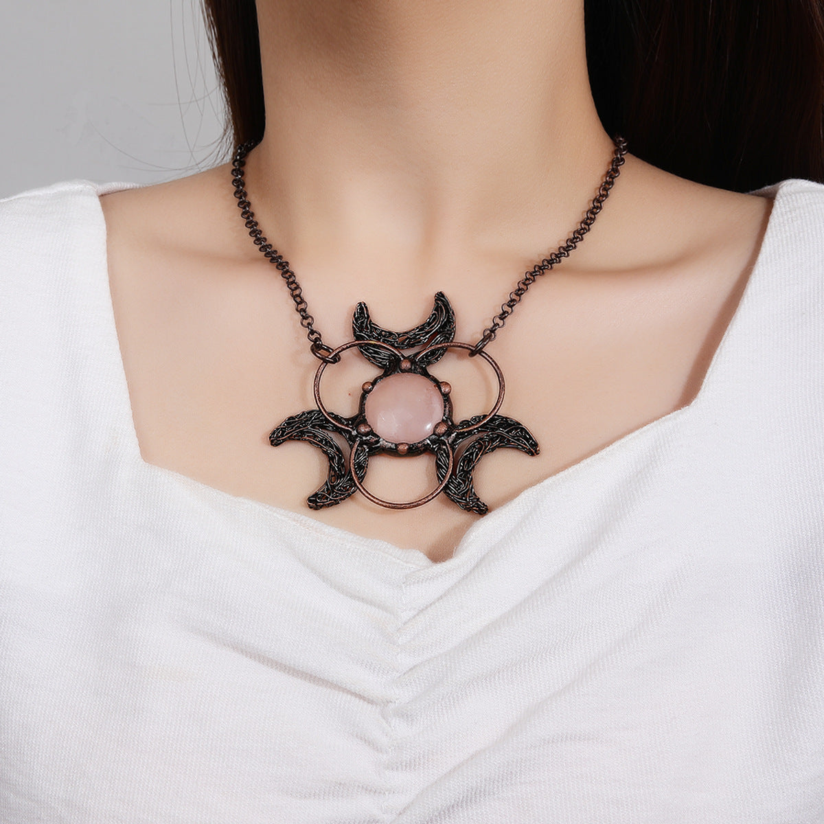 Three Moons Natural White Crystal Pendant Necklace | Bohemian Layering Jewelry