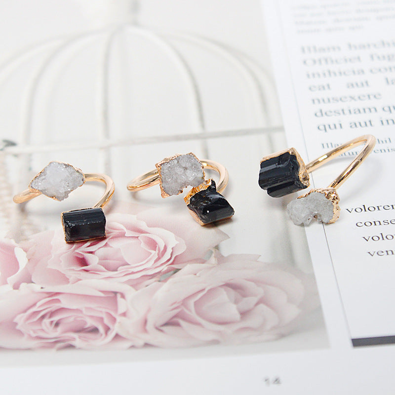 Irregular natural stone tourmaline crystal cluster amethyst ring
