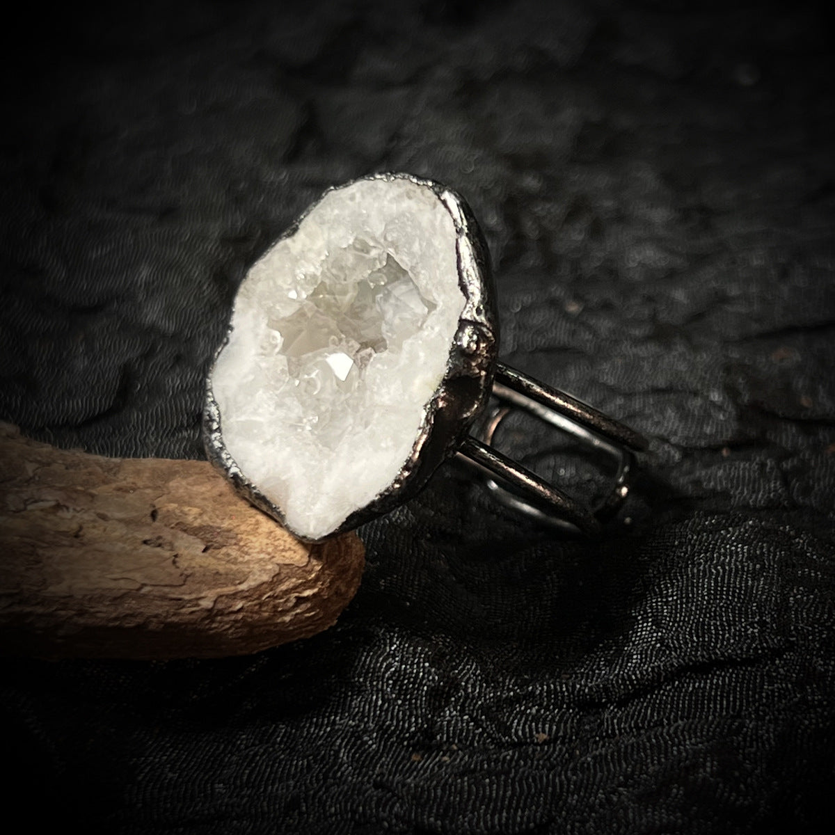 White Crystal & Agate Adjustable Ring — Handcrafted Boho Silver