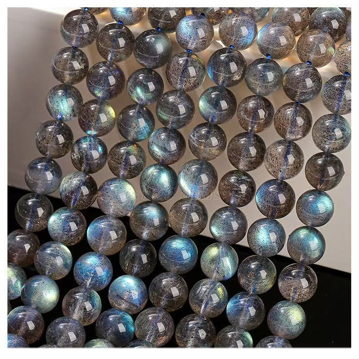 7A Natural Elongated Stone Gray Moonlight Round Bead Bracelet