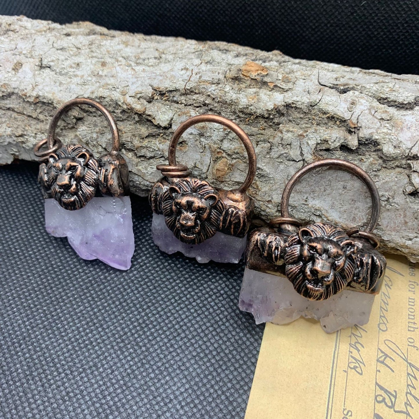 Natural amethyst crystal bud bronze inlaid pendant