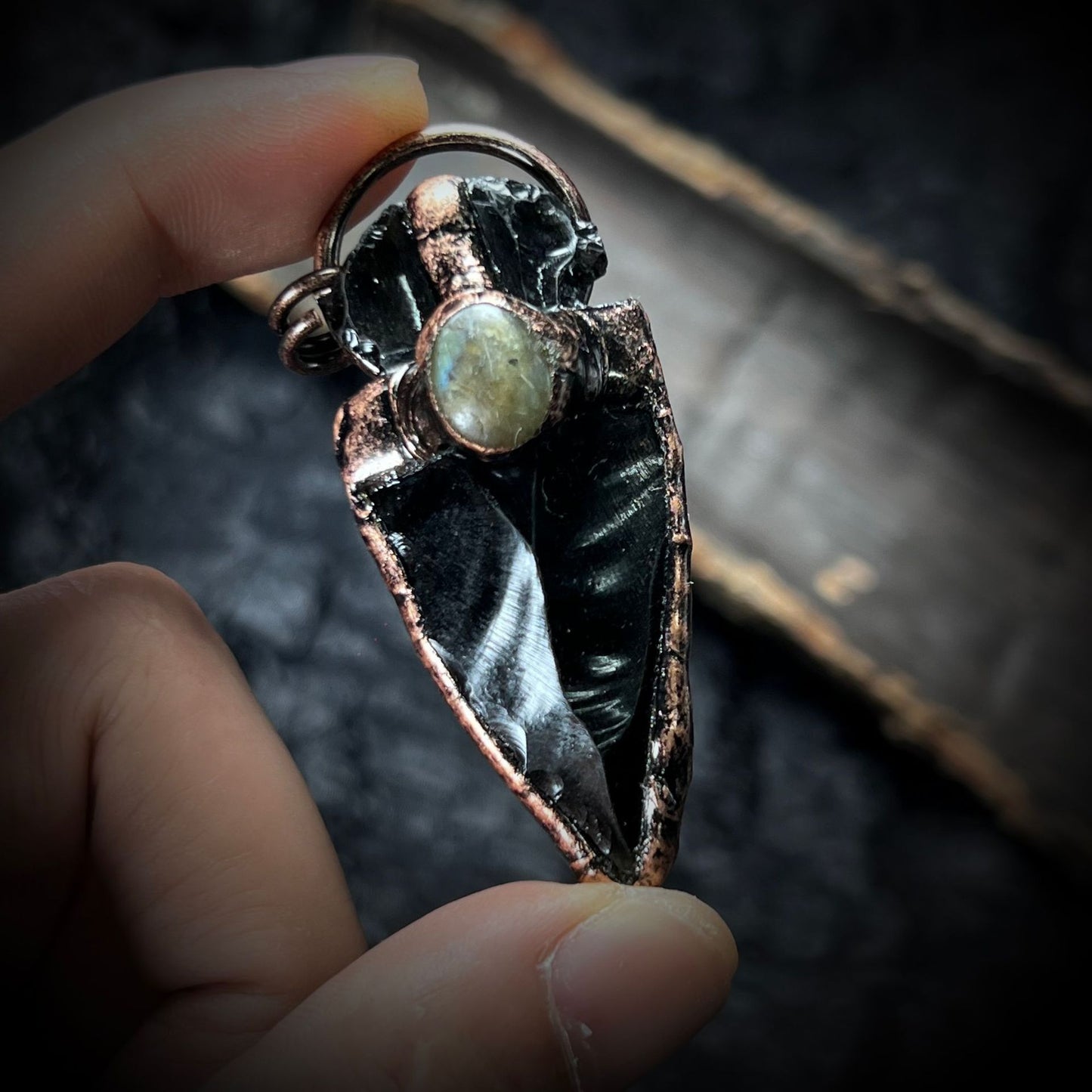 Hand-Hammered Obsidian Arrow Pendant | Copper-Plated Elongated Stone Necklace