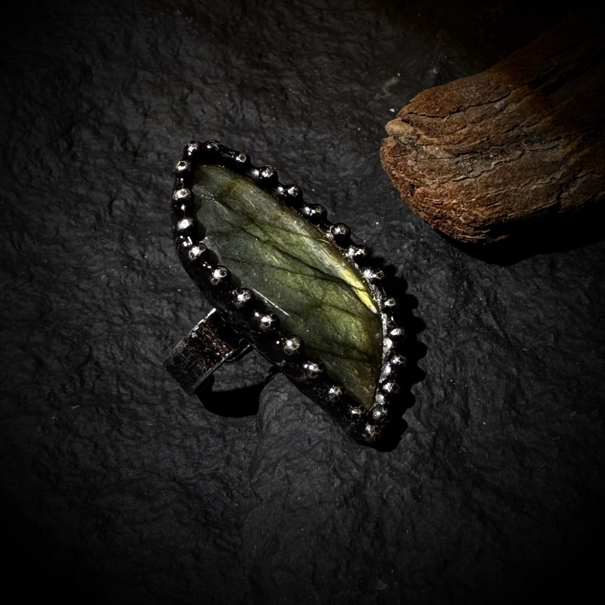 Labradorite Raw Stone Ring | Adjustable Bronze Boho Band