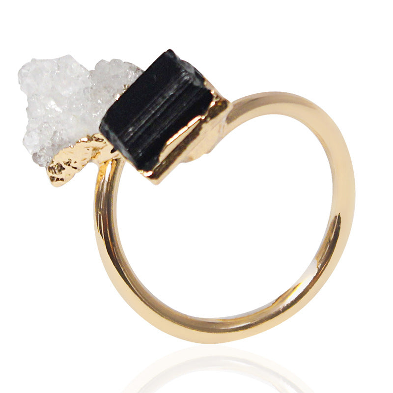 Irregular natural stone tourmaline crystal cluster amethyst ring