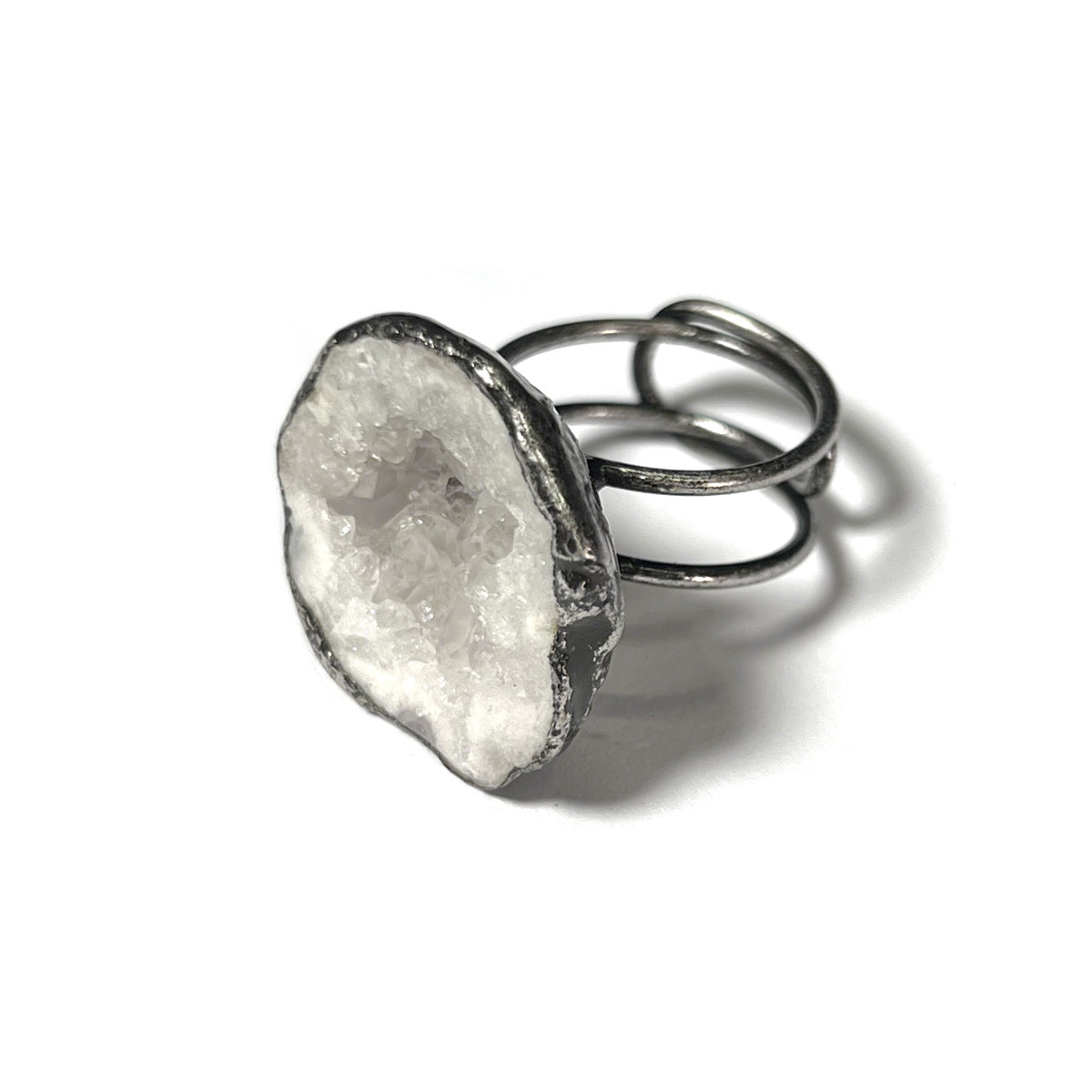 White Crystal & Agate Adjustable Ring — Handcrafted Boho Silver