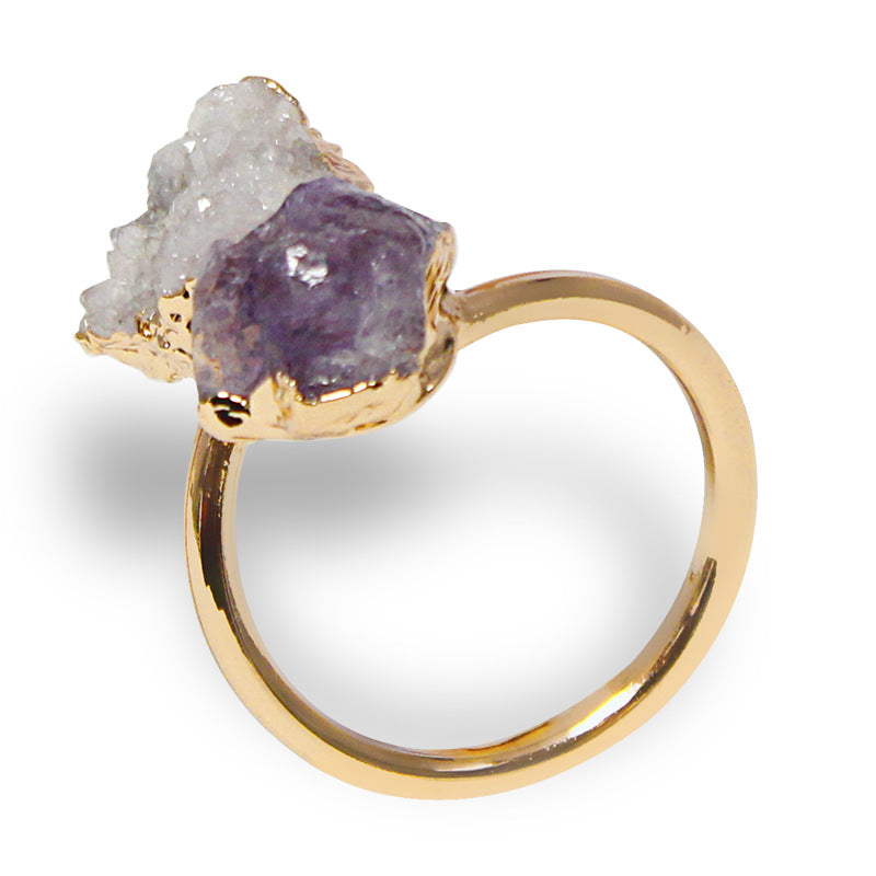 Irregular natural stone tourmaline crystal cluster amethyst ring