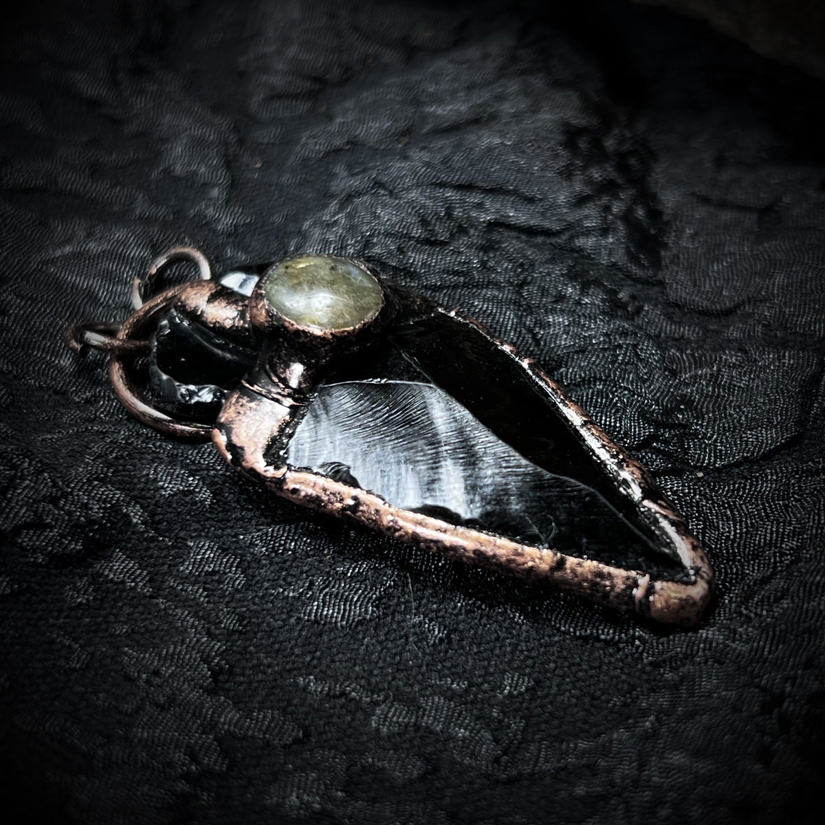 Hand-Hammered Obsidian Arrow Pendant | Copper-Plated Elongated Stone Necklace
