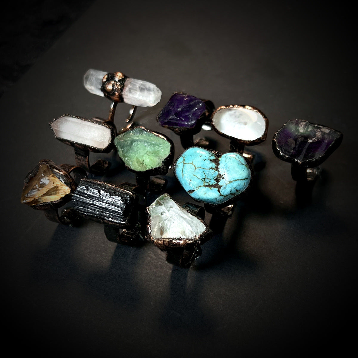 Bohemian Forest Style Raw Stone Ring | Adjustable Copper Open Band | Multiple Stone Options