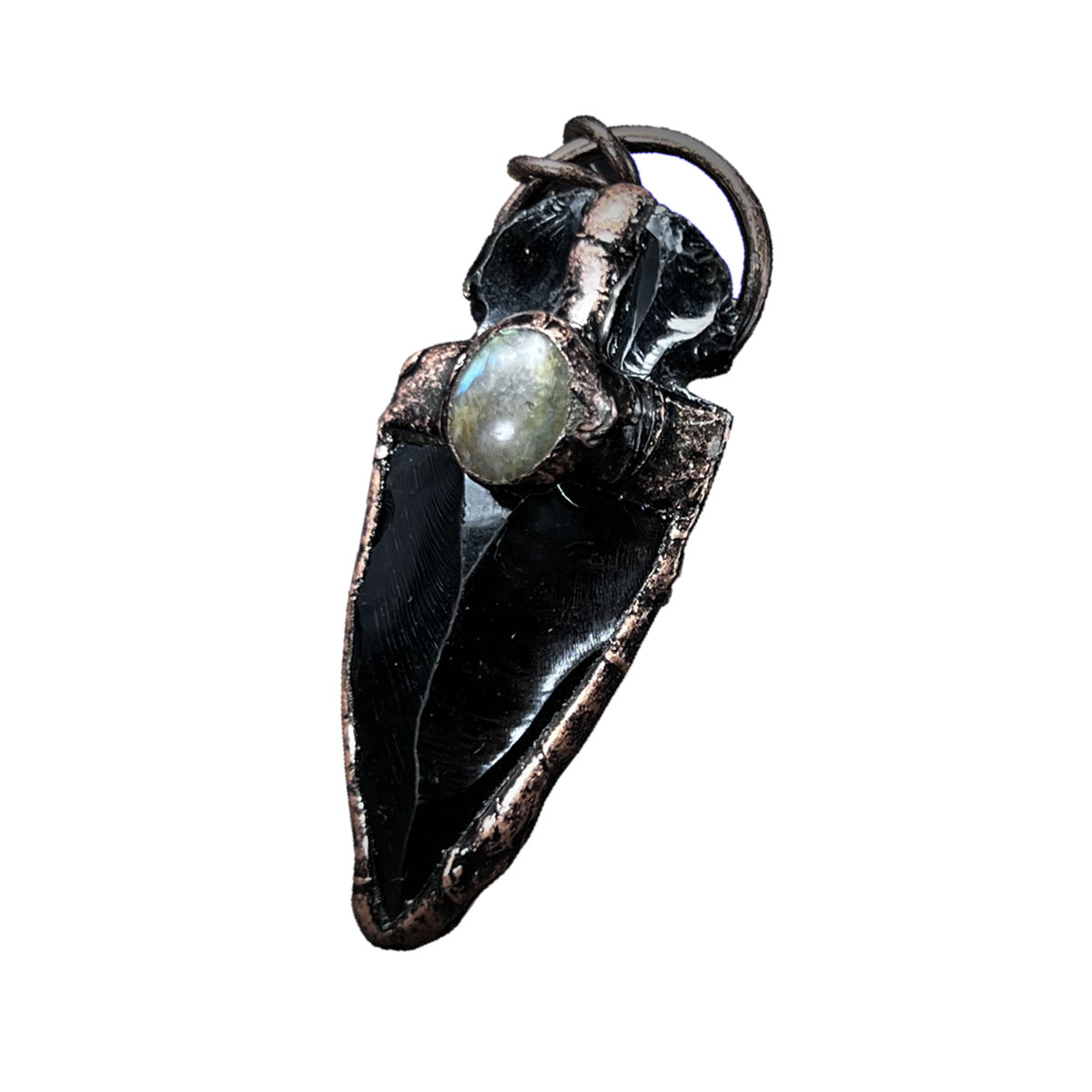 Hand-Hammered Obsidian Arrow Pendant | Copper-Plated Elongated Stone Necklace