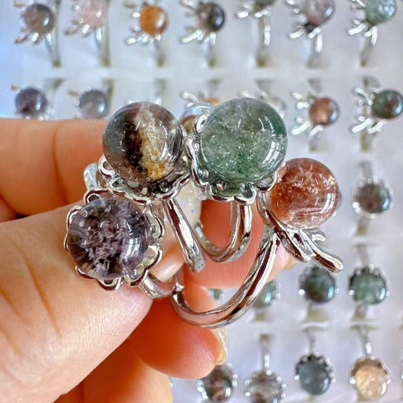 Natural crystal ring Green ghost color ghost crystal egg surface ring surface Cornucopia opening adjustable ring
