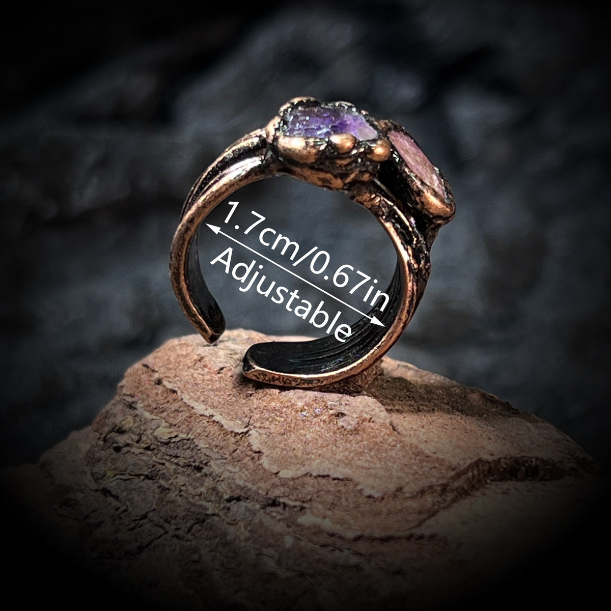 Vintage wind Bohemian wind amethyst red stone rough stone handmade copper welding electroplating bronze opening adjustable ring