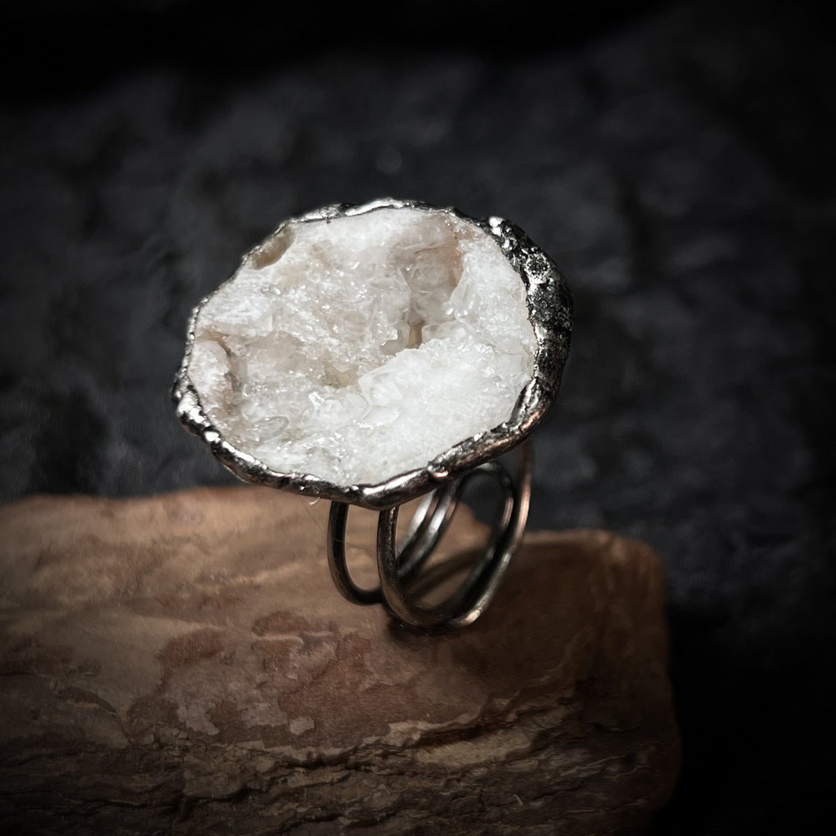 White Crystal & Agate Adjustable Ring — Handcrafted Boho Silver