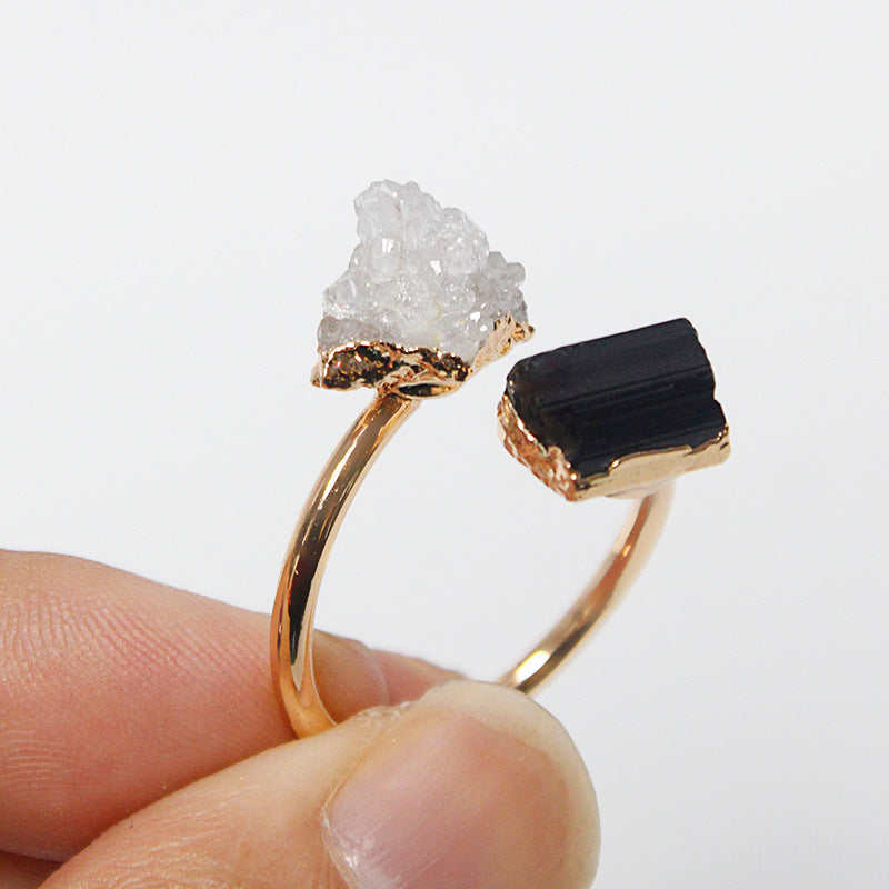 Irregular natural stone tourmaline crystal cluster amethyst ring