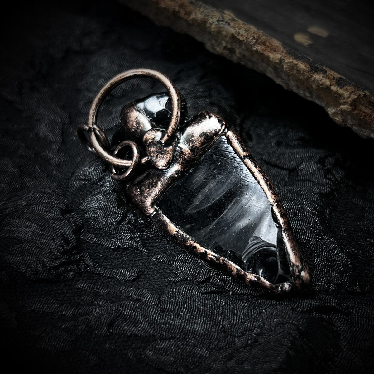 Hand-Hammered Obsidian Arrow Pendant | Copper-Plated Elongated Stone Necklace