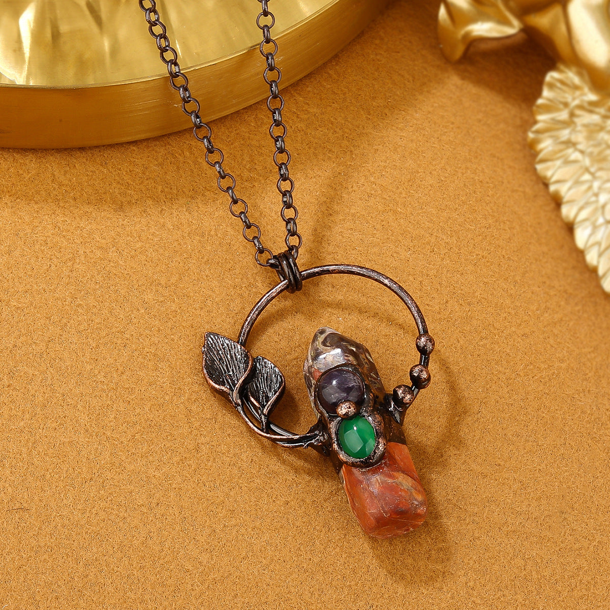 Bohemian Forest Style Hexagonal Column Stone Pendant Necklace | Antique Silver Setting | Multiple Stone Options