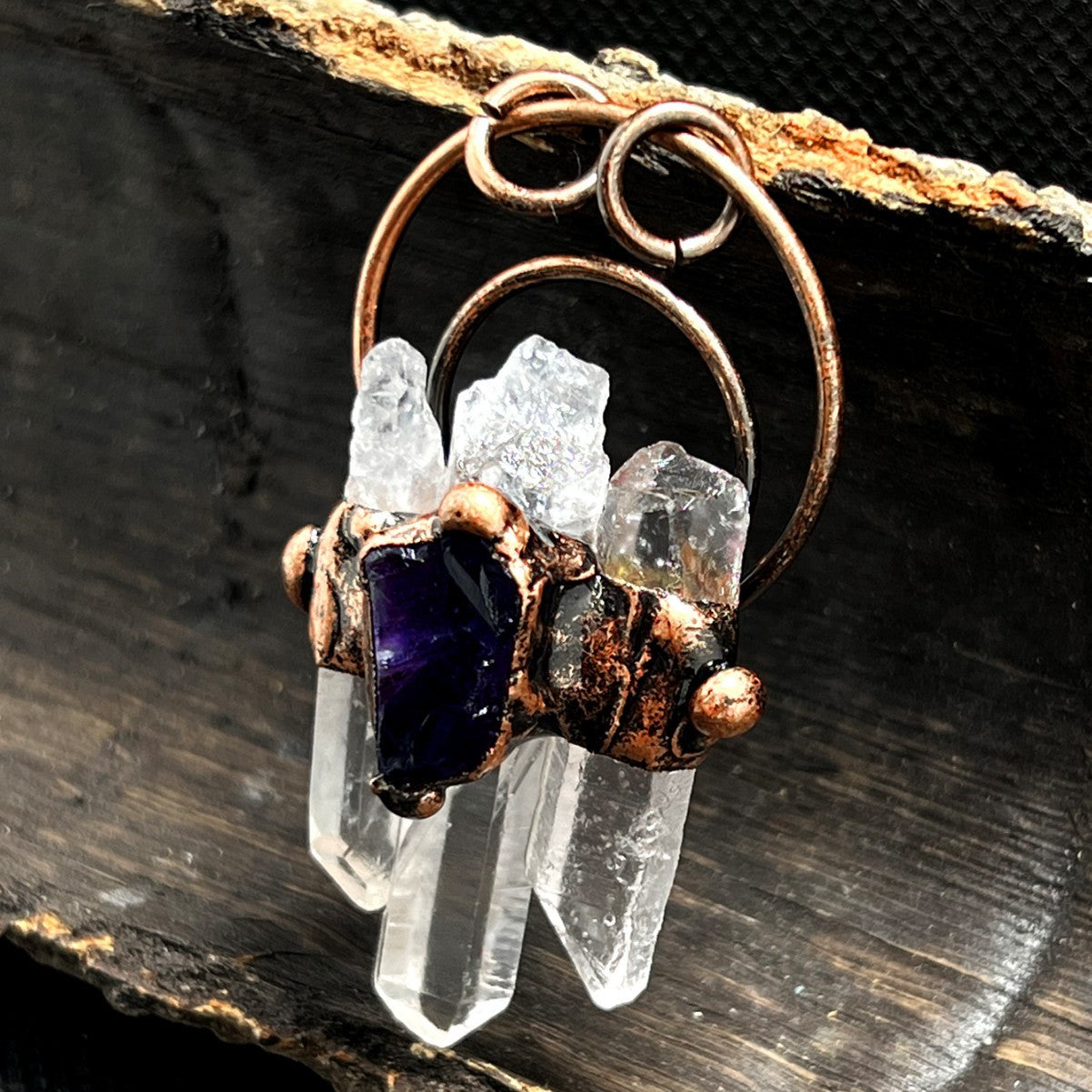 Three natural white crystal hexagonal column rough stone handmade hemming electroplated bronze pendant